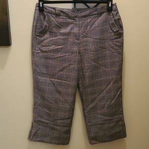 Larry Levine Gray & Tan Plaid Capris Pants with Button Cuff Detail
